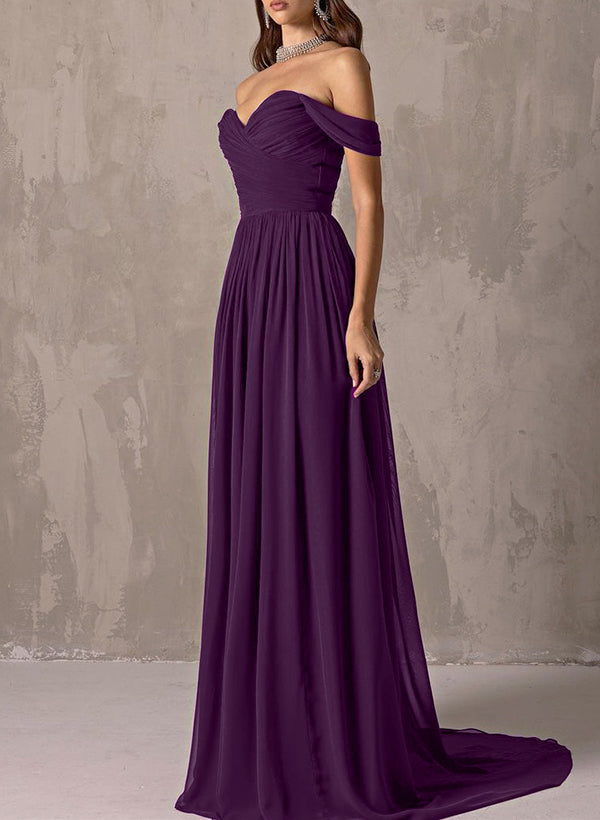 A-Line Off-The-Shoulder Sleeveless Sweep Train Chiffon Bridesmaid Dresses