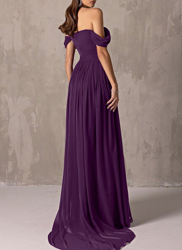 A-Line Off-The-Shoulder Sleeveless Sweep Train Chiffon Bridesmaid Dresses