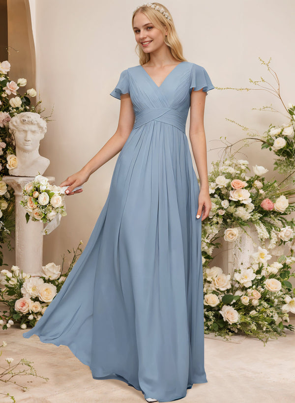 Sleeveless V-Neck Chiffon Bridesmaid Dress With Pleated Ruffle