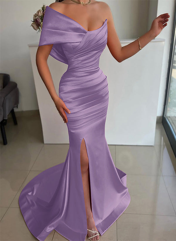 One-Shoulder Sleeveless Sweep Train Satin Bridesmaid Dresses With Front Split