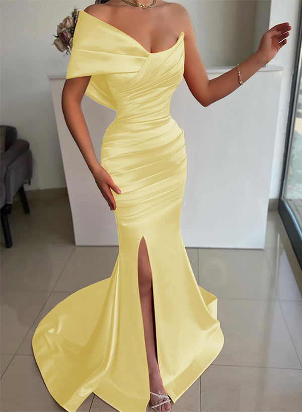 One-Shoulder Sleeveless Sweep Train Satin Bridesmaid Dresses With Front Split