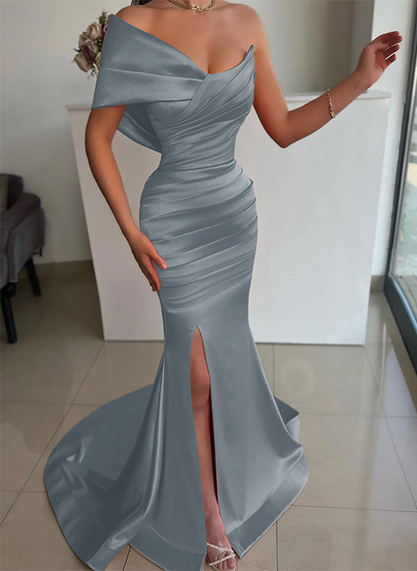 One-Shoulder Sleeveless Sweep Train Satin Bridesmaid Dresses With Front Split