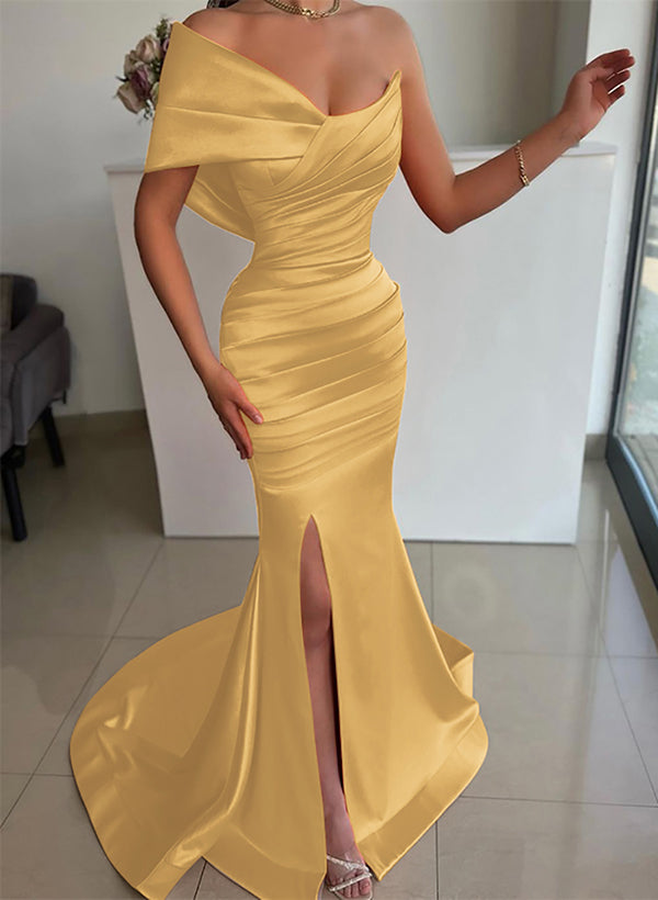 One-Shoulder Sleeveless Sweep Train Satin Bridesmaid Dresses With Front Split