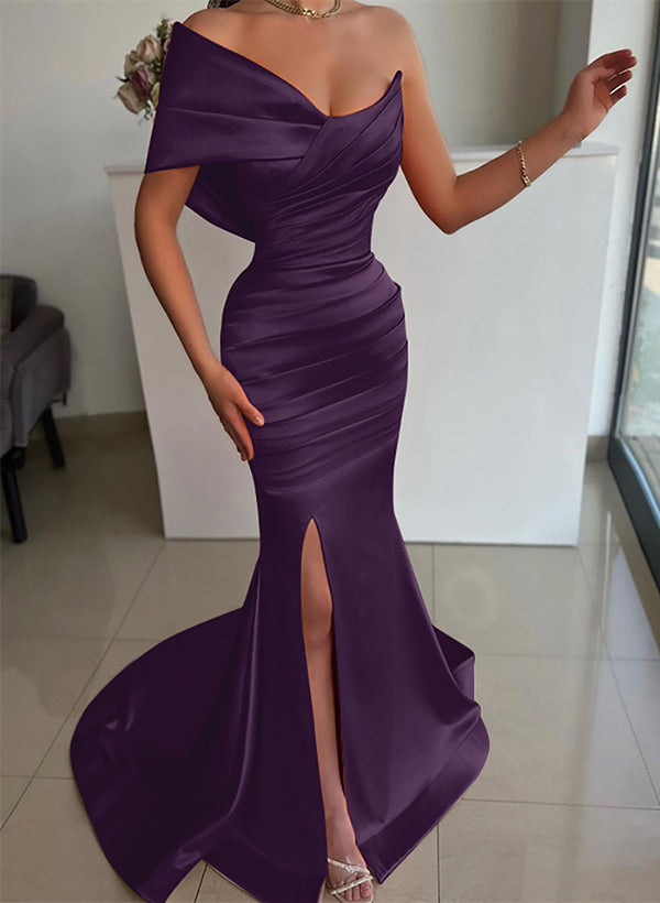 One-Shoulder Sleeveless Sweep Train Satin Bridesmaid Dresses With Front Split