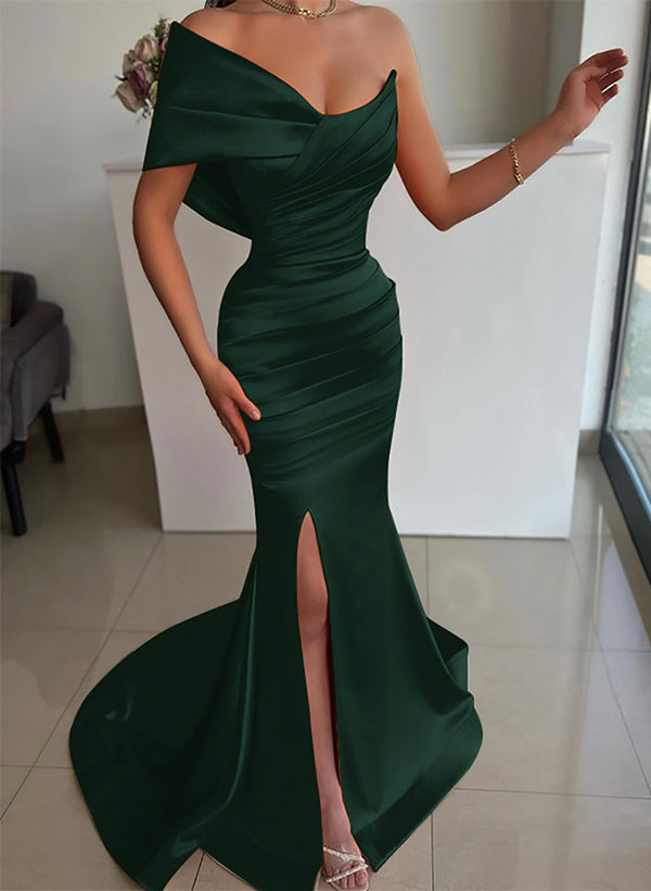One-Shoulder Sleeveless Sweep Train Satin Bridesmaid Dresses With Front Split