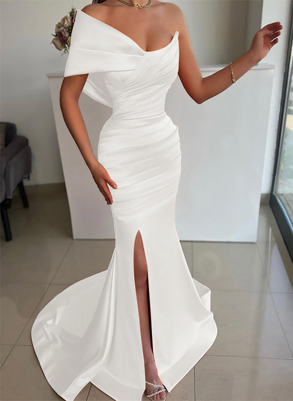 One-Shoulder Sleeveless Sweep Train Satin Bridesmaid Dresses With Front Split
