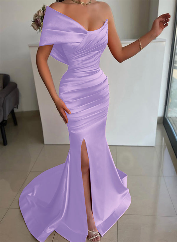 One-Shoulder Sleeveless Sweep Train Satin Bridesmaid Dresses With Front Split
