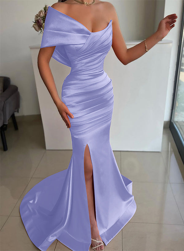 One-Shoulder Sleeveless Sweep Train Satin Bridesmaid Dresses With Front Split