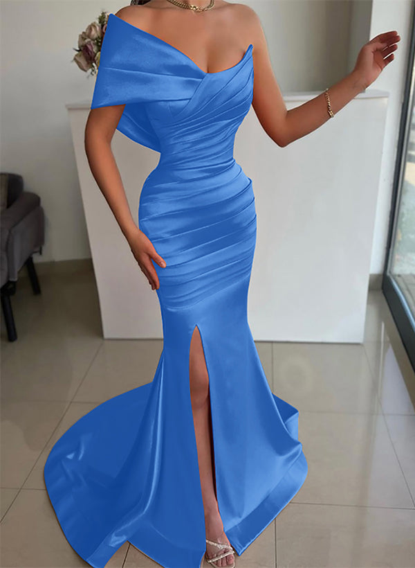 One-Shoulder Sleeveless Sweep Train Satin Bridesmaid Dresses With Front Split