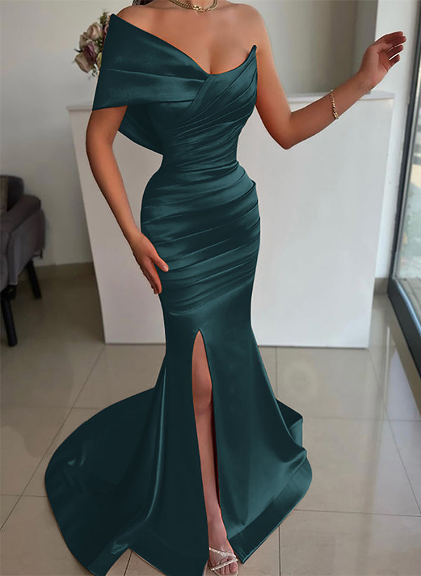 One-Shoulder Sleeveless Sweep Train Satin Bridesmaid Dresses With Front Split