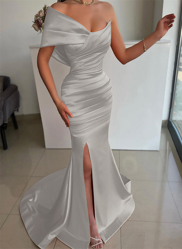 One-Shoulder Sleeveless Sweep Train Satin Bridesmaid Dresses With Front Split