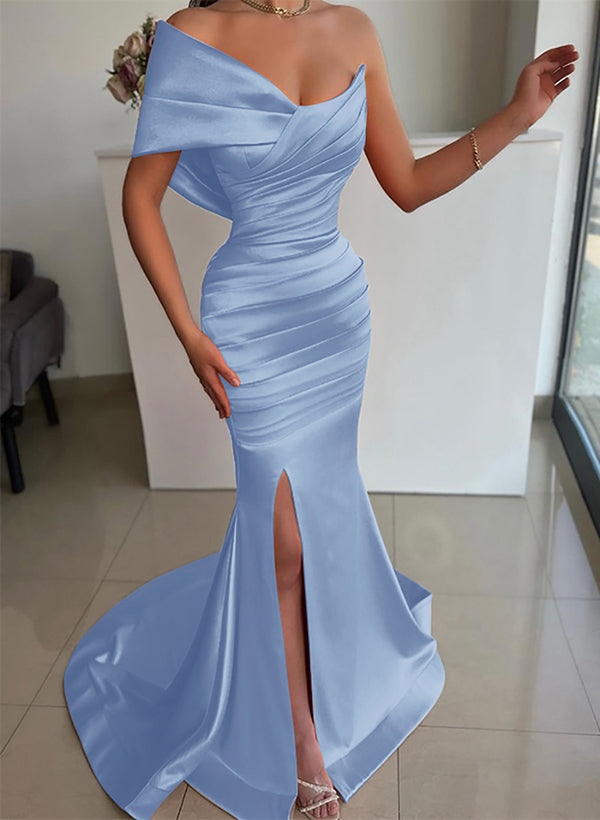 One-Shoulder Sleeveless Sweep Train Satin Bridesmaid Dresses With Front Split