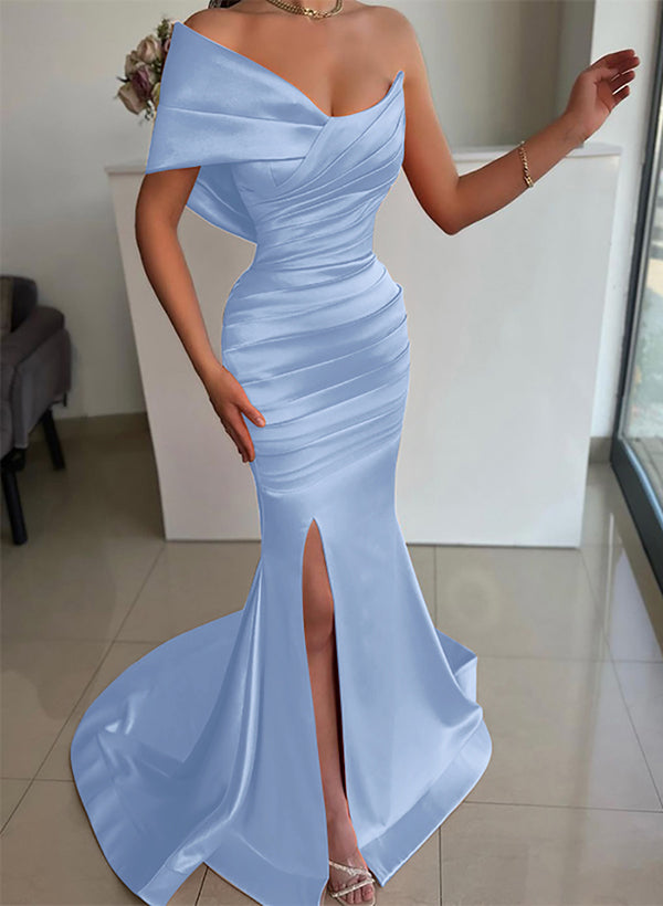 One-Shoulder Sleeveless Sweep Train Satin Bridesmaid Dresses With Front Split