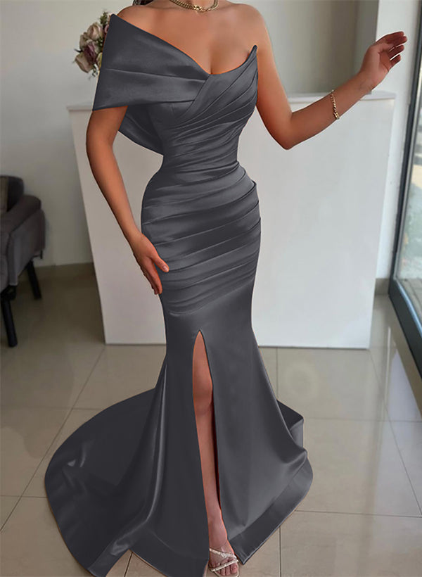 One-Shoulder Sleeveless Sweep Train Satin Bridesmaid Dresses With Front Split
