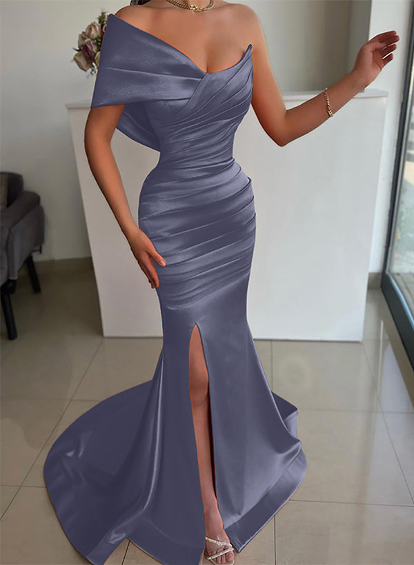 One-Shoulder Sleeveless Sweep Train Satin Bridesmaid Dresses With Front Split