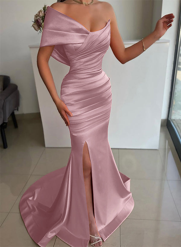 One-Shoulder Sleeveless Sweep Train Satin Bridesmaid Dresses With Front Split