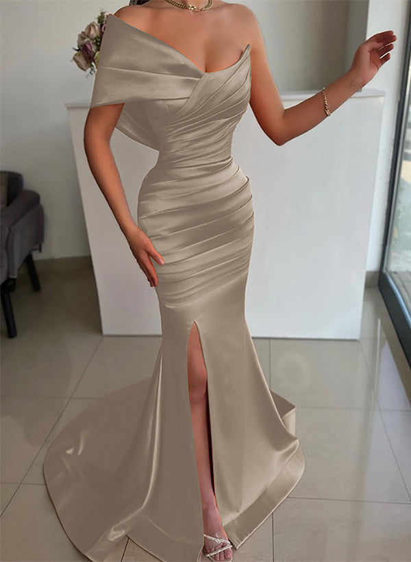 One-Shoulder Sleeveless Sweep Train Satin Bridesmaid Dresses With Front Split