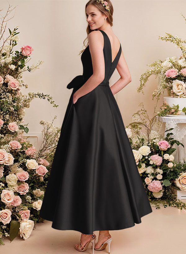 A-Line V-Neck Satin Mother Of The Bride Dresses With Bows and Pockets