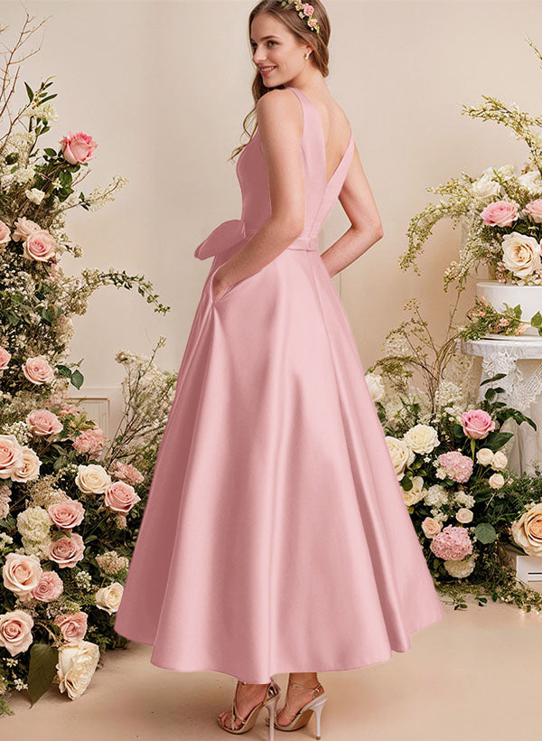A-Line V-Neck Satin Mother Of The Bride Dresses With Bows and Pockets