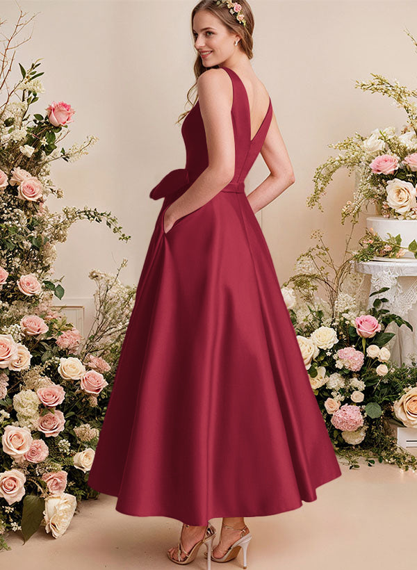 A-Line V-Neck Satin Mother Of The Bride Dresses With Bows and Pockets