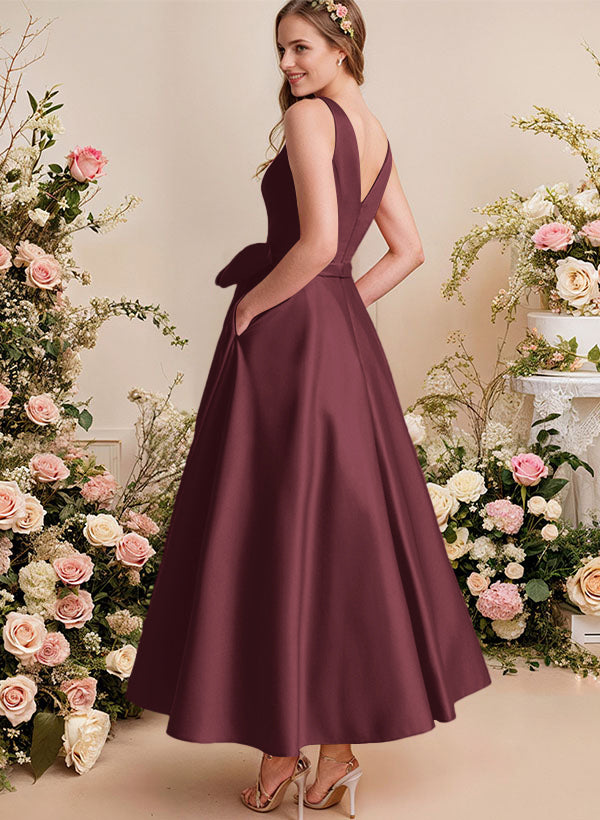 A-Line V-Neck Satin Mother Of The Bride Dresses With Bows and Pockets