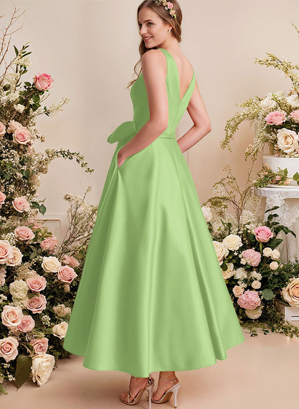 A-Line V-Neck Satin Mother Of The Bride Dresses With Bows and Pockets