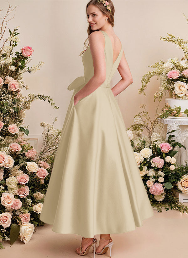 A-Line V-Neck Satin Mother Of The Bride Dresses With Bows and Pockets