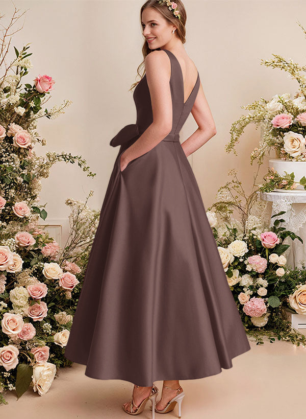 A-Line V-Neck Satin Mother Of The Bride Dresses With Bows and Pockets