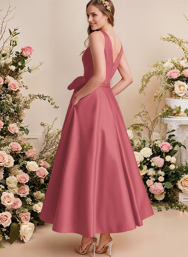 A-Line V-Neck Satin Mother Of The Bride Dresses With Bows and Pockets