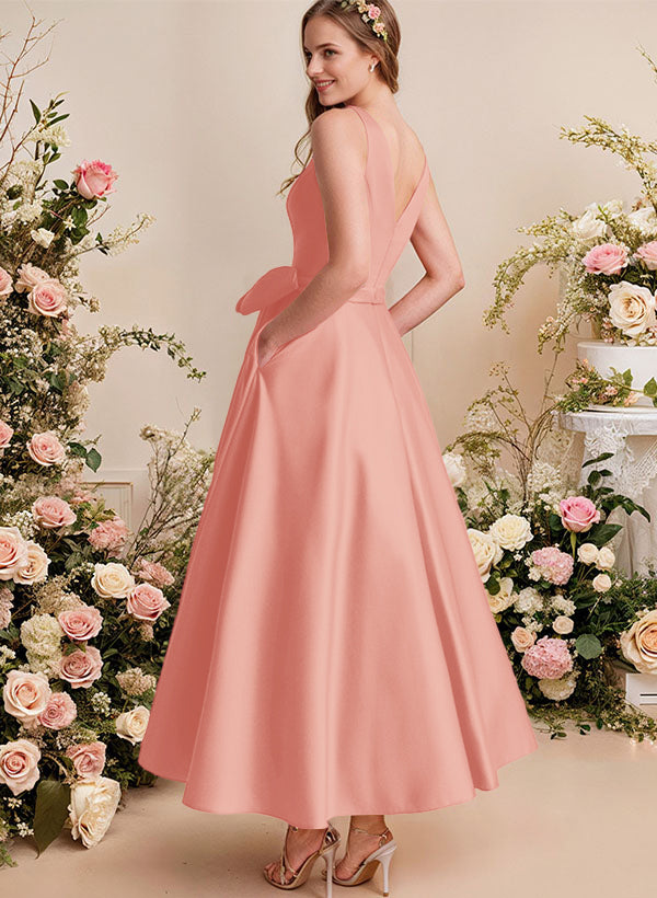 A-Line V-Neck Satin Mother Of The Bride Dresses With Bows and Pockets