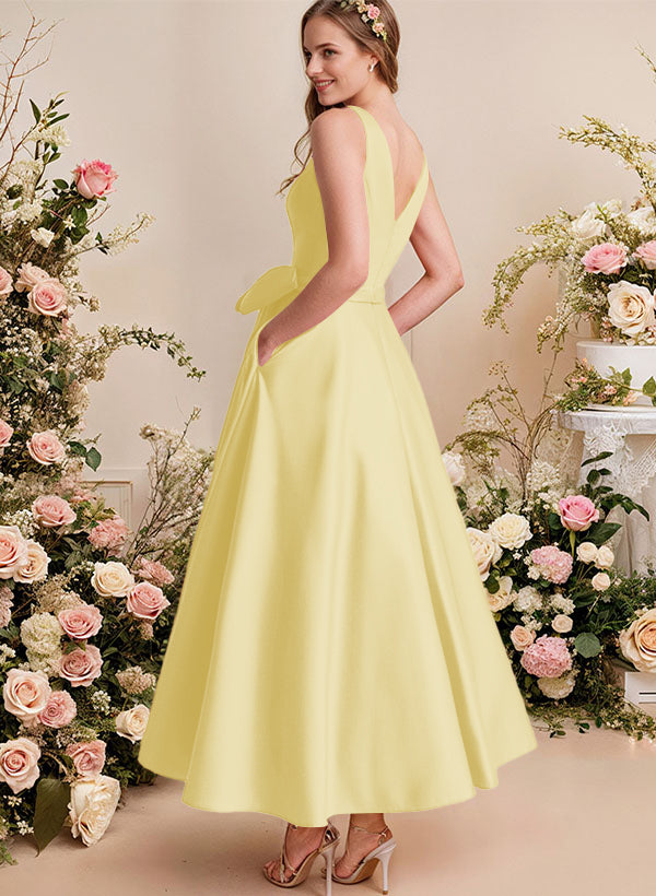 A-Line V-Neck Satin Mother Of The Bride Dresses With Bows and Pockets