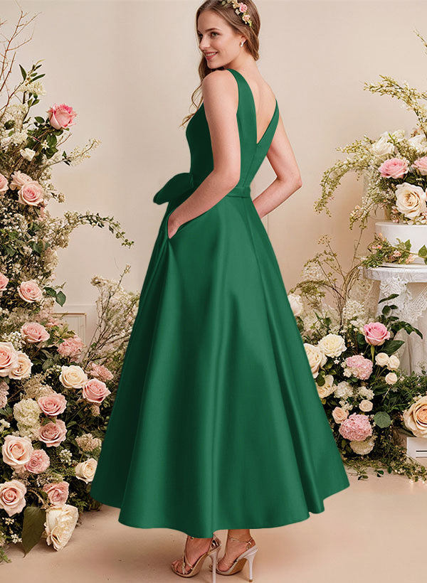 A-Line V-Neck Satin Mother Of The Bride Dresses With Bows and Pockets