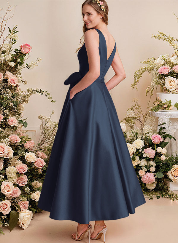 A-Line V-Neck Satin Mother Of The Bride Dresses With Bows and Pockets