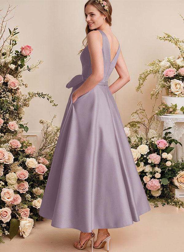 A-Line V-Neck Satin Mother Of The Bride Dresses With Bows and Pockets