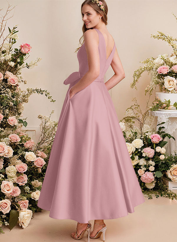 A-Line V-Neck Satin Mother Of The Bride Dresses With Bows and Pockets