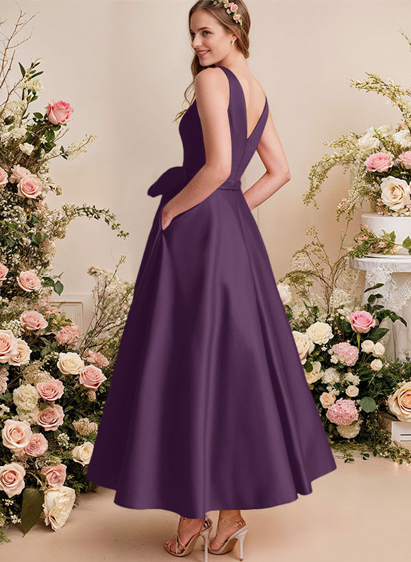 A-Line V-Neck Satin Mother Of The Bride Dresses With Bows and Pockets