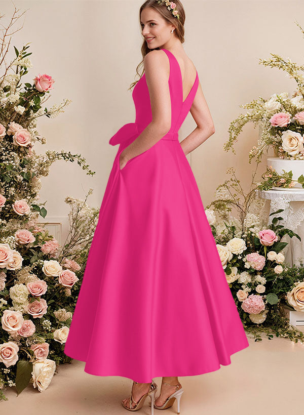 A-Line V-Neck Satin Mother Of The Bride Dresses With Bows and Pockets