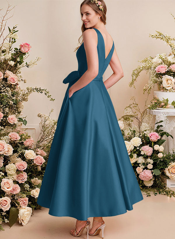 A-Line V-Neck Satin Mother Of The Bride Dresses With Bows and Pockets