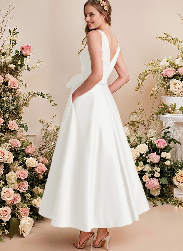 A-Line V-Neck Satin Mother Of The Bride Dresses With Bows and Pockets
