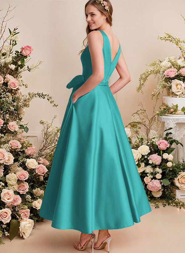 A-Line V-Neck Satin Mother Of The Bride Dresses With Bows and Pockets
