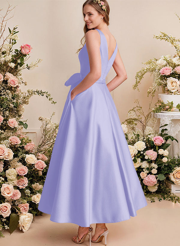 A-Line V-Neck Satin Mother Of The Bride Dresses With Bows and Pockets