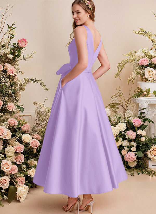 A-Line V-Neck Satin Mother Of The Bride Dresses With Bows and Pockets