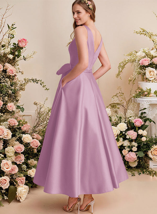 A-Line V-Neck Satin Mother Of The Bride Dresses With Bows and Pockets