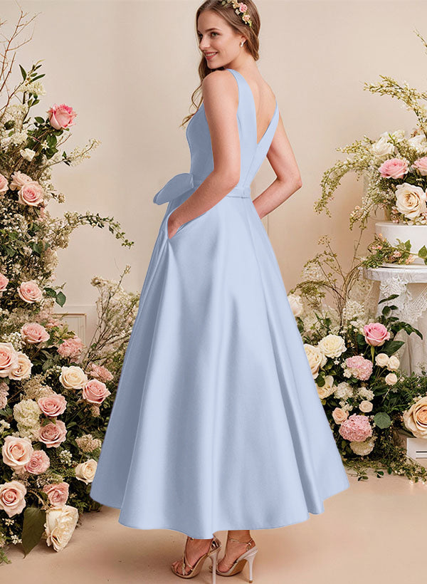 A-Line V-Neck Satin Mother Of The Bride Dresses With Bows and Pockets