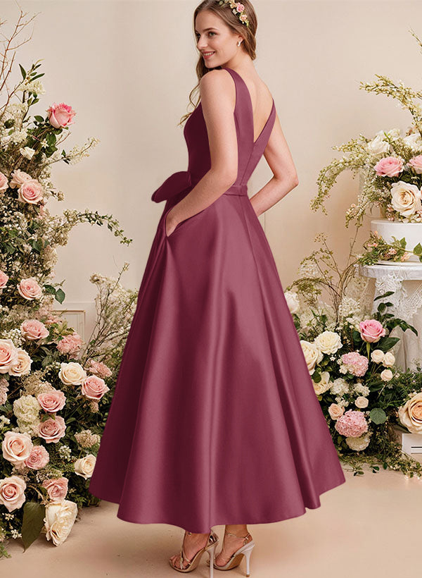 A-Line V-Neck Satin Mother Of The Bride Dresses With Bows and Pockets