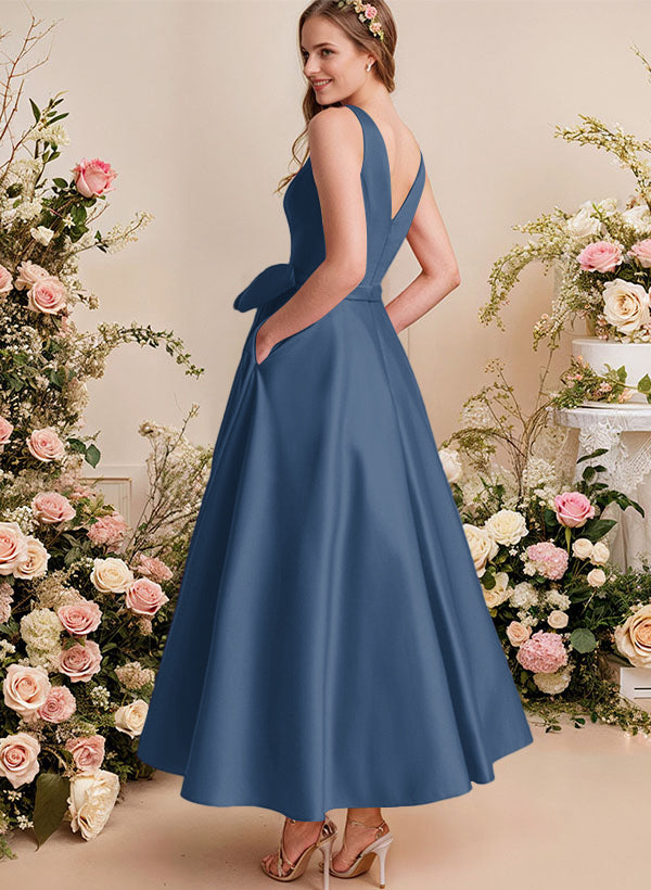 A-Line V-Neck Satin Mother Of The Bride Dresses With Bows and Pockets