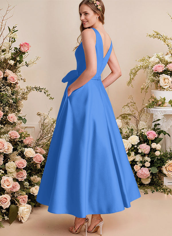 A-Line V-Neck Satin Mother Of The Bride Dresses With Bows and Pockets
