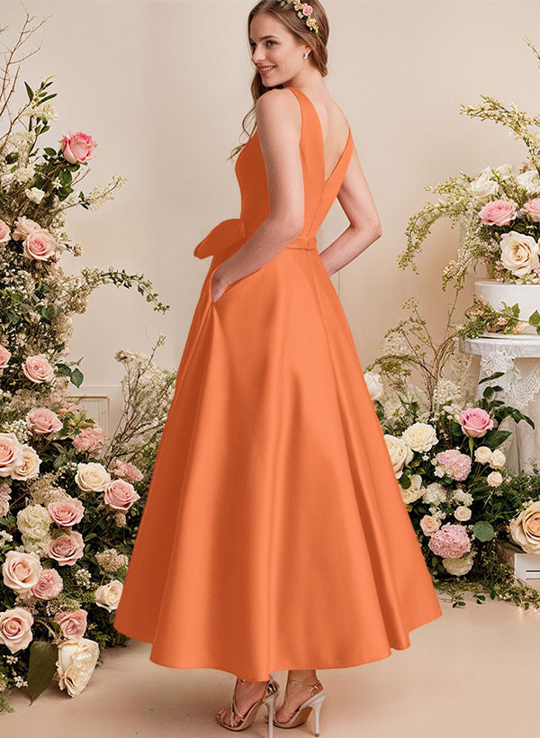 A-Line V-Neck Satin Mother Of The Bride Dresses With Bows and Pockets