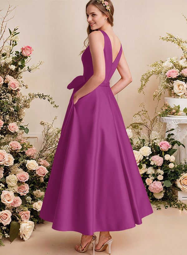 A-Line V-Neck Satin Mother Of The Bride Dresses With Bows and Pockets