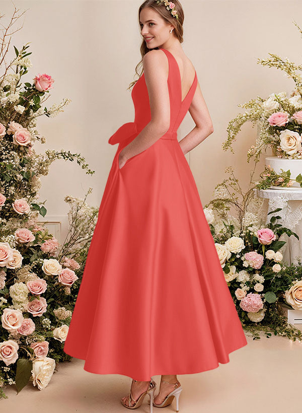 A-Line V-Neck Satin Mother Of The Bride Dresses With Bows and Pockets